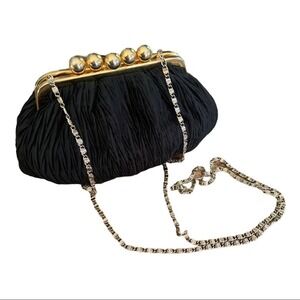 Vintage Black Satin Evening Bag with Chain Mixed Metals
